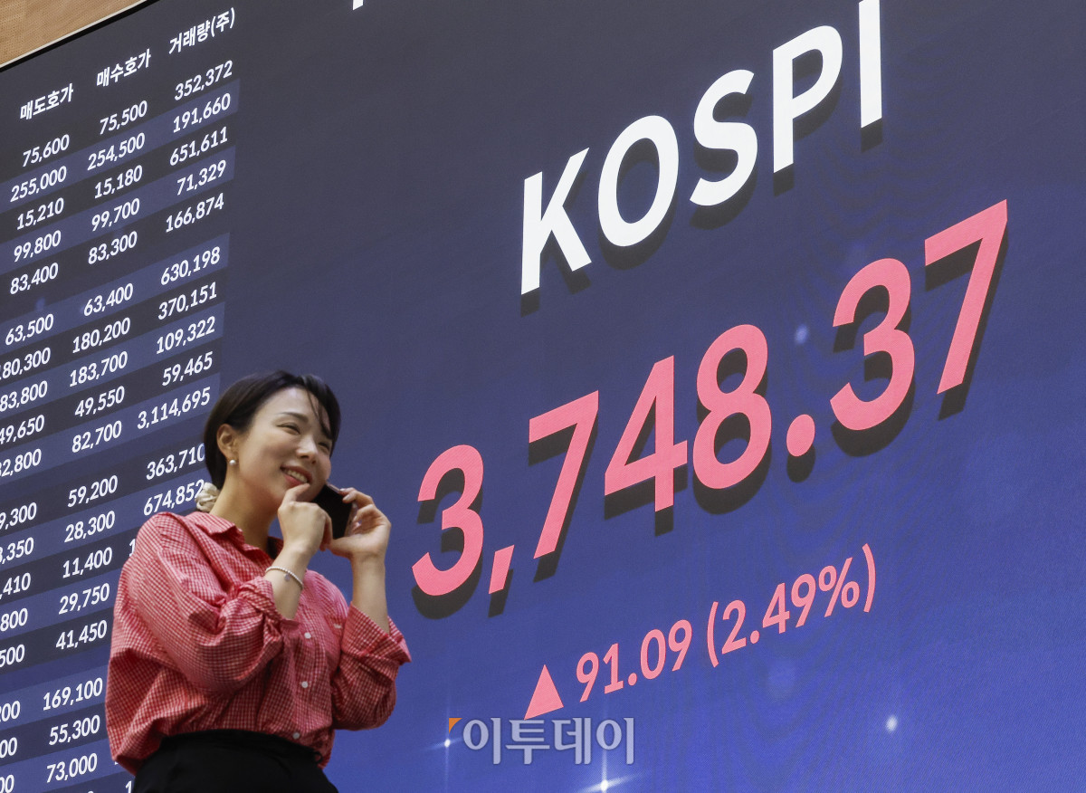 ▲코스피가 3740선으로 상승 마감하며 종가 기준 사상 최고치를 경신한 16일 서울 영등포구 KRX 한국거래소 서울사무소 전광판에 코스피가 표시돼 있다. 이날 코스피 지수는 전 거래일보다 91.09(2.49%) 포인트 상승한 3748.37을 나타냈다. 조현호 기자 hyunho@