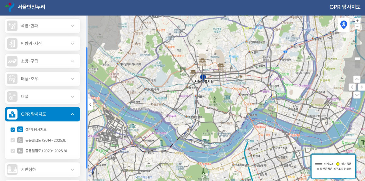 ▲‘서울안전누리’ 내 ‘GPR 탐사지도’ 전체 조회 화면. (사진제공=서울시)