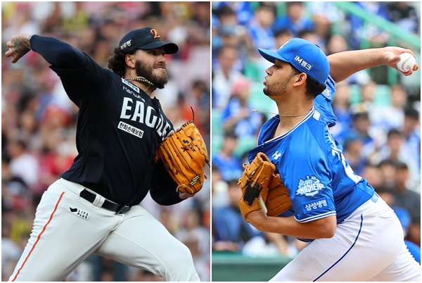 ▲18일 대전 한화생명 볼파크에서 열리는 프로야구 플레이오프 1차전에 한화 이글스 코디 폰세(왼쪽)와 삼성 라이온즈 헤르손 가라비토가 선발투수로 예고됐다.  (연합뉴스)