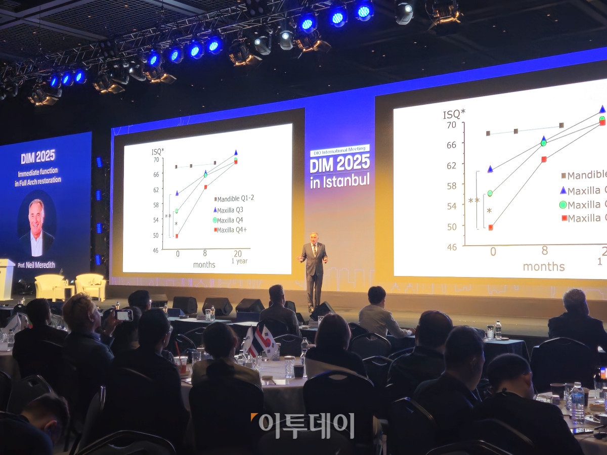 ▲이스탄불 튀르키예에서 열린 글로벌 치과 심포지엄 ‘디오 인터내셔널 미팅 2025’에서 닐 메러디스 교수가 강연하고 있다 (유혜은 기자 euna@)