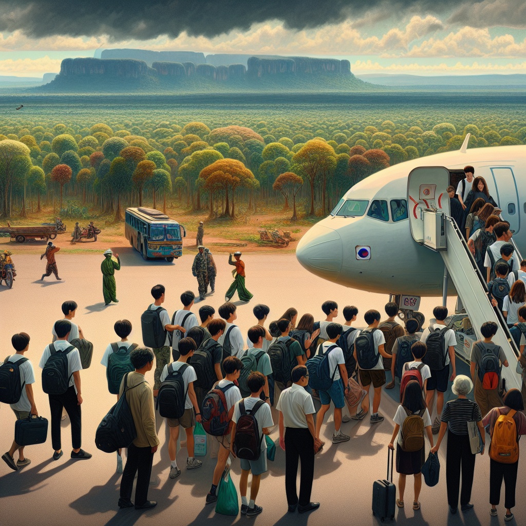 ▲경기청년기후특사단 그룹이 캄보디아에서 조기 출국하기 위해 비행기에 탑승하는 이미지. (김재학 기자·오픈AI 달리)