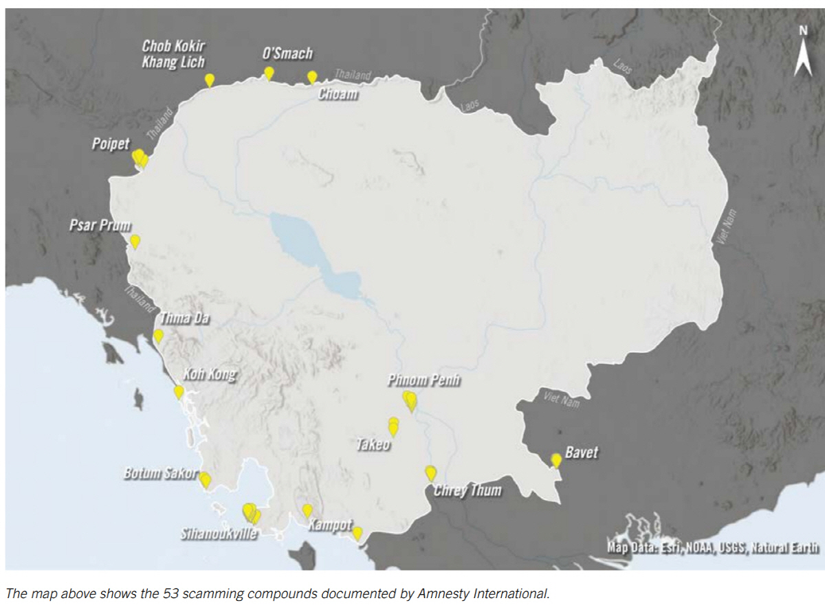▲국제앰네스티가 파악한 캄보디아 내 53개 사기산업 단지가 있는 지역.  (출처 엠네스티 보고서)