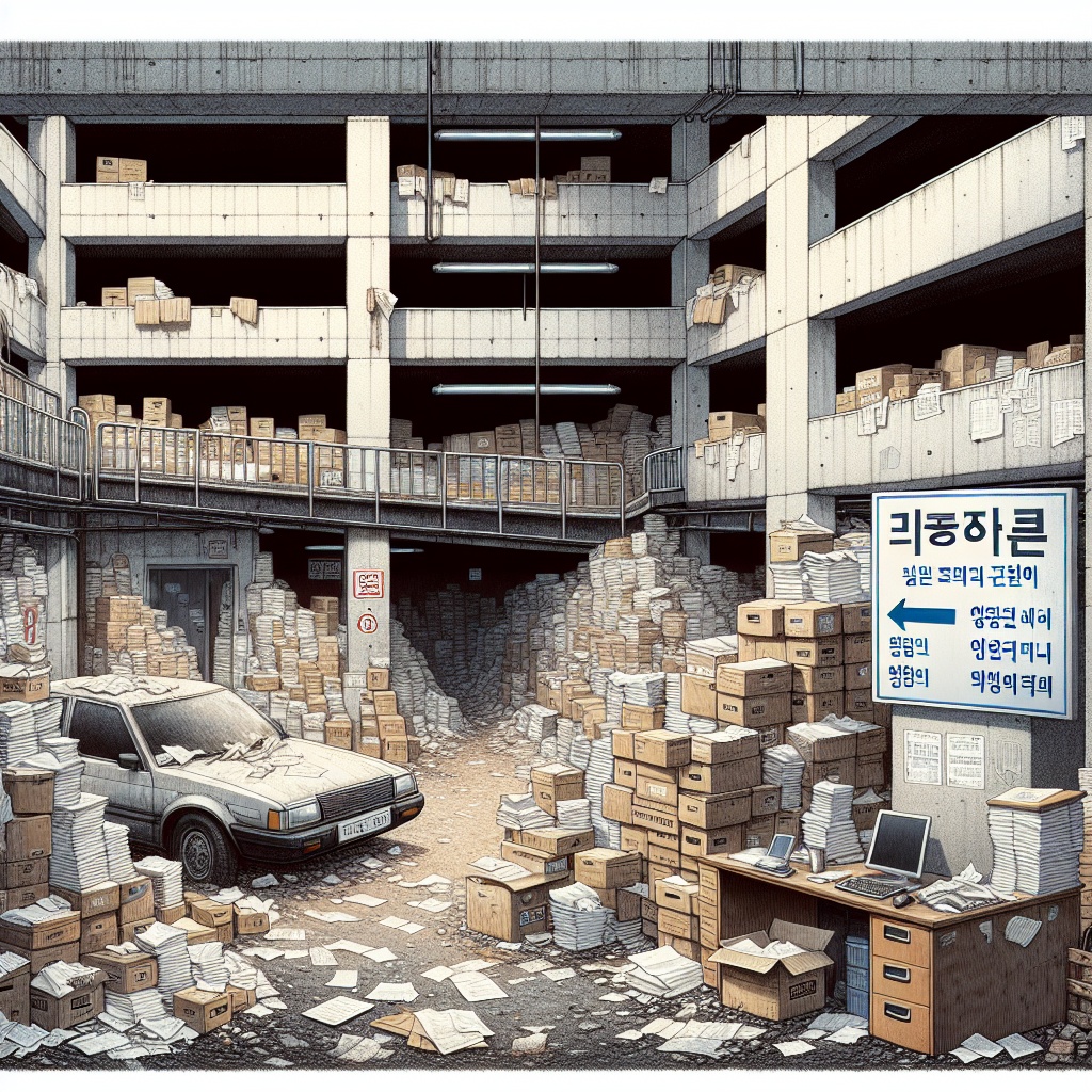 ▲ 비공식적인 보관 공간으로 사용되는 주차 타워와 방치된 문서 및 서류 더미로 가득 찬 무질서한 지하 창고를 묘사한 이미지. (김재학 기자·오픈AI 달리)