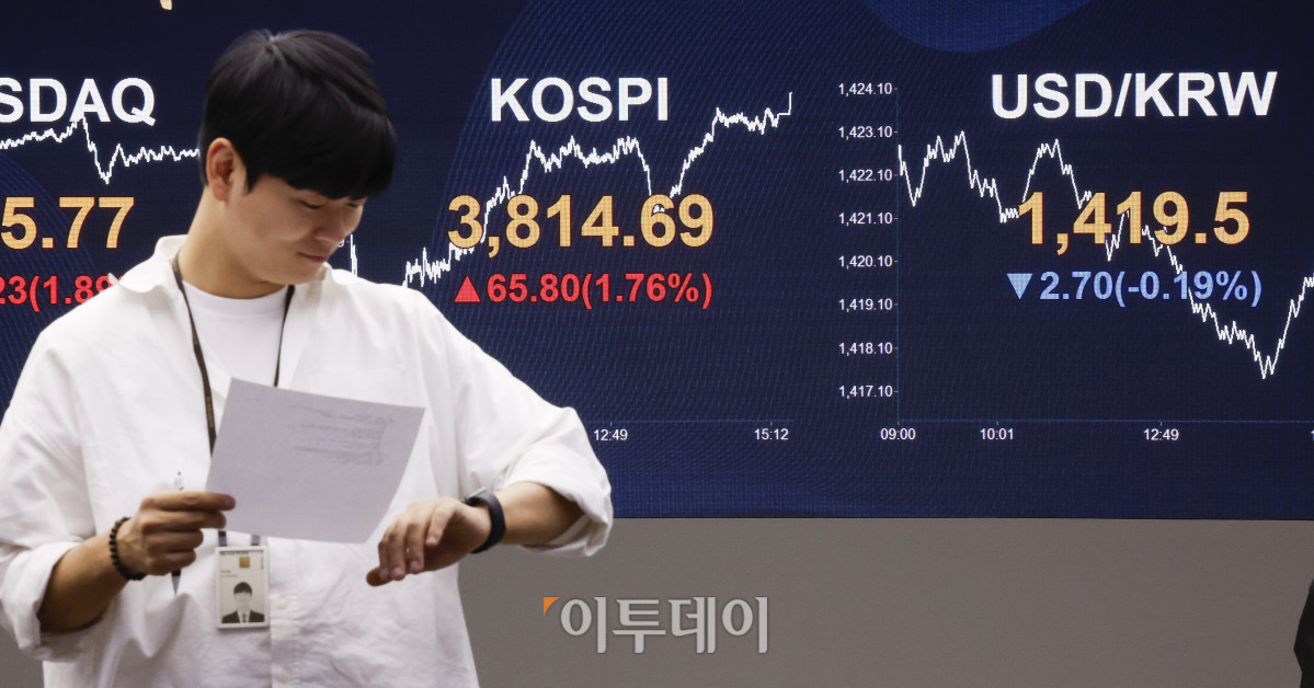 ▲코스피가 종가 기준 사상 처음으로 3800선을 돌파한 20일 서울 영등포구 KB국민은행 딜링룸 전광판에 코스피, 원·달러 환율이 표시돼 있다. 이날 코스피 지수는 전 거래일보다 65.80(1.76%) 포인트 상승한 3814.69를 나타냈다. 원·달러 환율은 종가 기준 1419.6원을 나타냈다. 조현호 기자 hyunho@