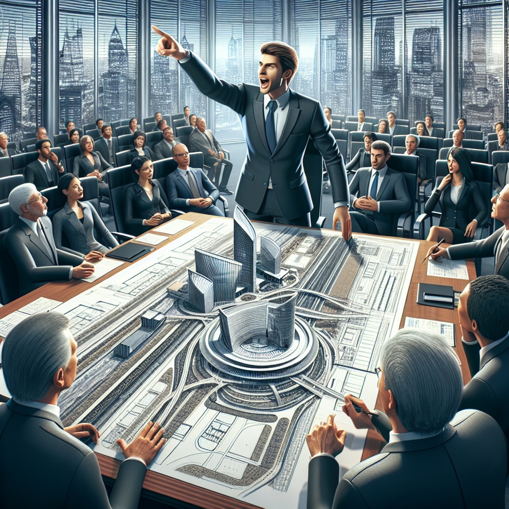 ▲용인 도시 인프라 개선 계획을 발표하고 있는 현대적인 회의실에서 시의회 회의를 보여주는 이미지. (김재학 기자·오픈AI 달리)