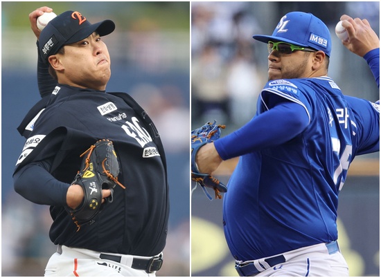 ▲21일 대구 삼성라이온즈파크에서 열리는 프로야구 플레이오프 3차전에 한화 이글스의 류현진과 삼성 라이온즈의 아리엘 후라도가 선발투수로 예고됐다.  (연합뉴스)