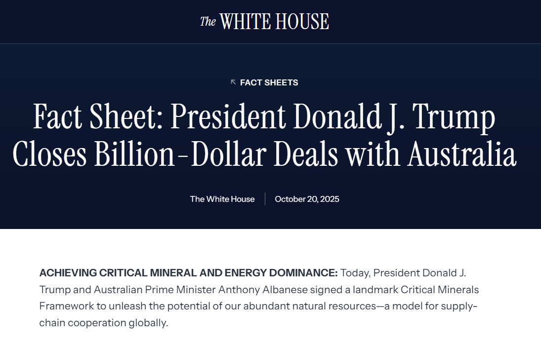 ▲미국과 호주가 정상회담을 통해 희토류 공급망 다변화 프로젝트를 추진한다고 밝혔다. 백악관 팩트 시트를 통해 구체적인 투자와 협력 분야, 기대 효과 등을 부연했다.  (출처 백악관)