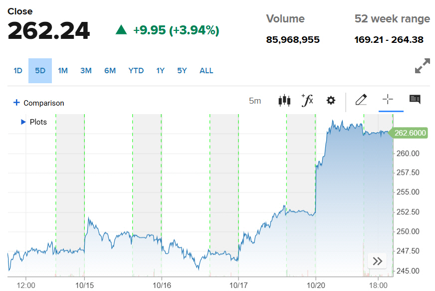 ▲애플 주가 추이. 20일(현지시간) 종가 262.24달러. 출처 CNBC