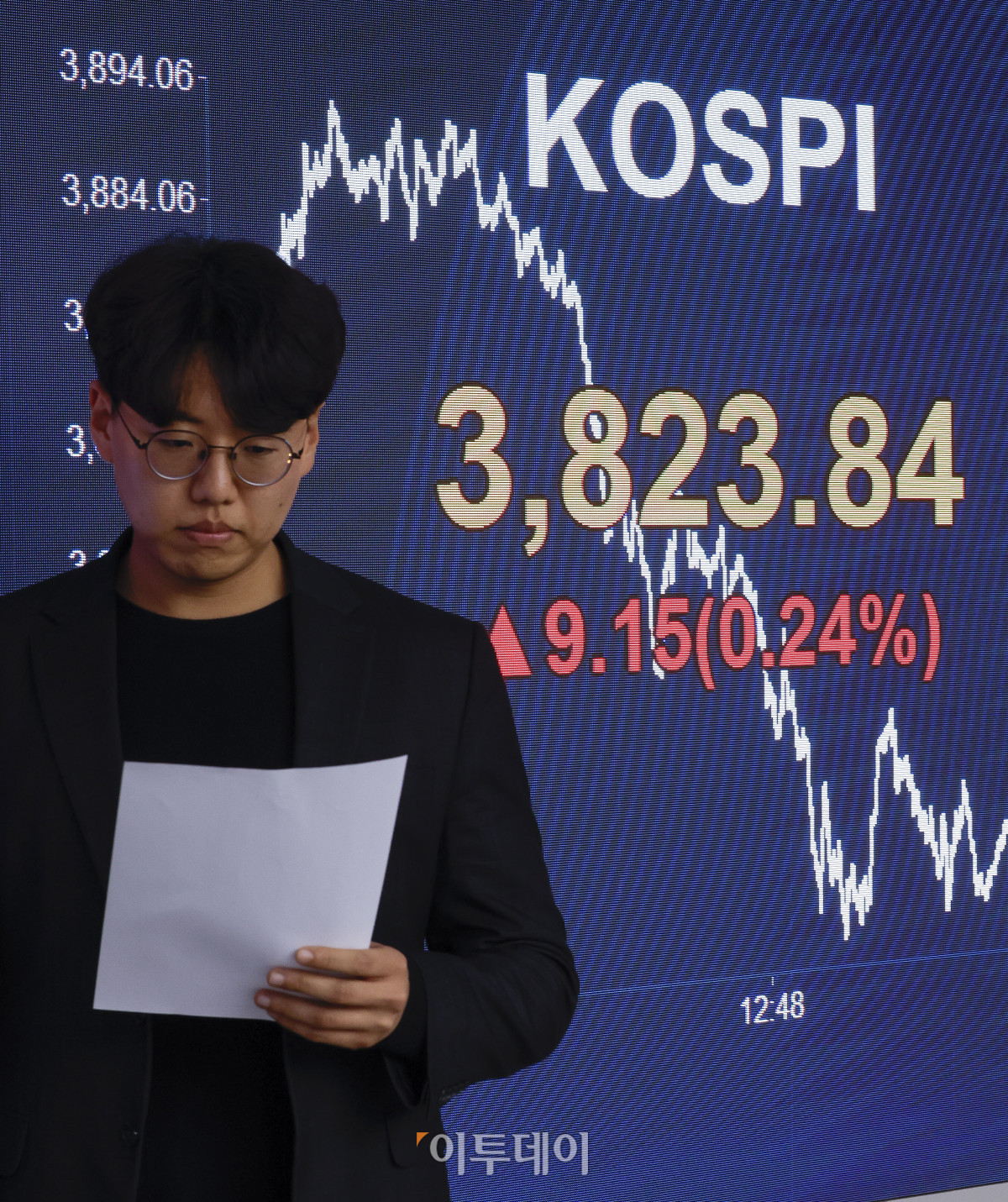 ▲코스피가 5거래일 연속 종가 기준 사상 최고치를 경신한 21일 서울 영등포구 KB국민은행 딜링룸 전광판에 코스피가 표시돼 있다. 이날 코스피 지수는 전 거래일보다 9.15(0.24%) 포인트 상승한 3823.84를 나타냈다. 조현호 기자 hyunho@