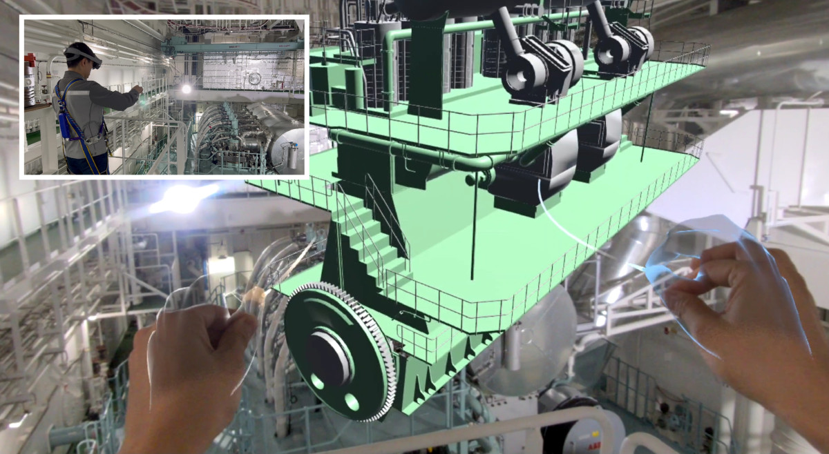 ▲XR기술(갤럭시XR)을 활용해 선박 엔진을 검사하는 모습. (사진= 삼성중공업)