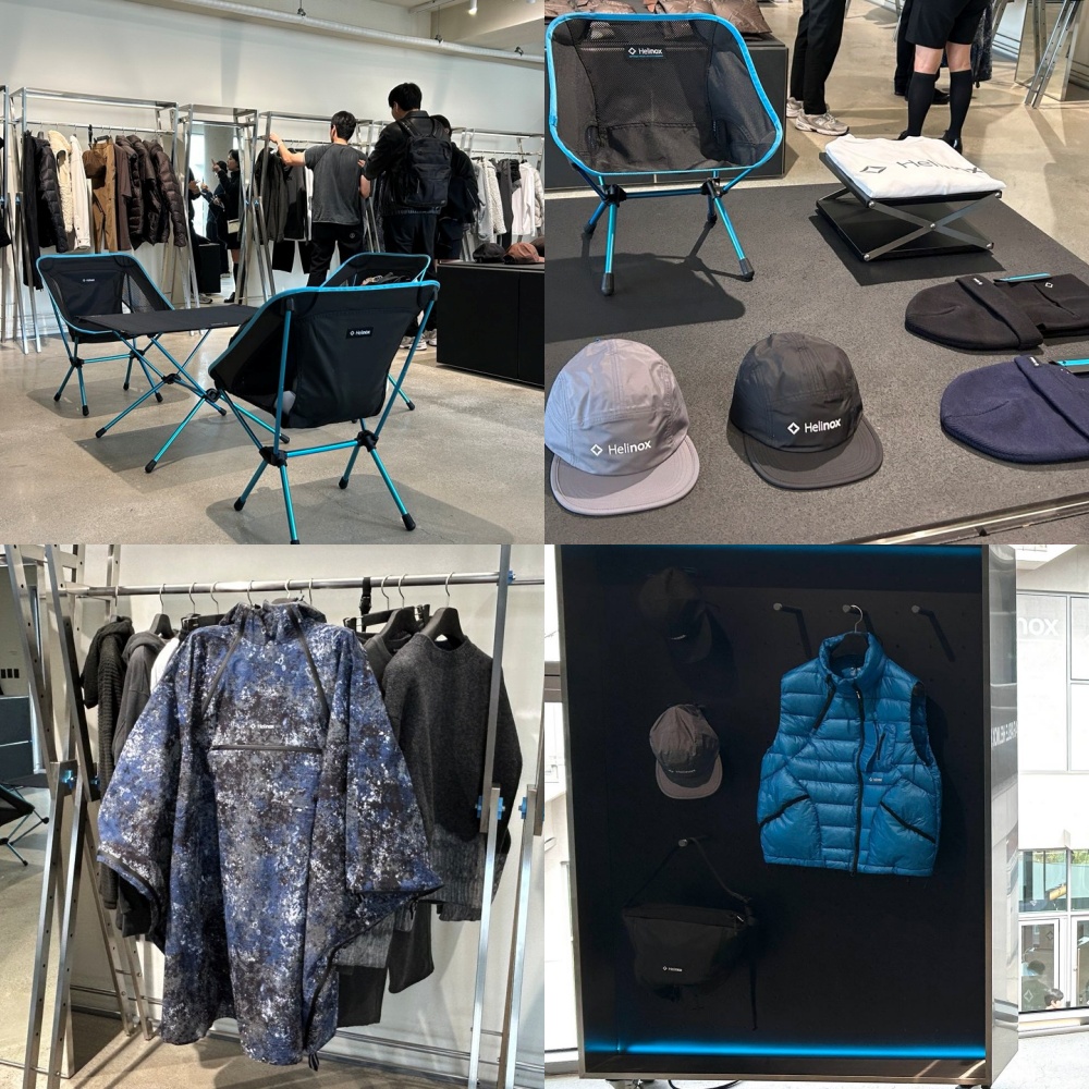 ▲헬리녹스 웨어 팝업스토어에 전시된 헬리녹스 의자와 헬리녹스 웨어 의류 상품군. (사진=연희진 기자)