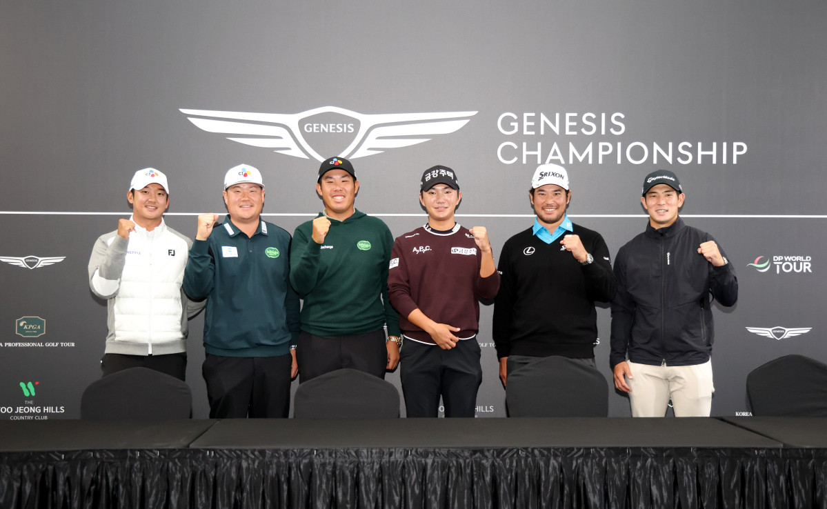 ▲(왼쪽부터) 최승빈, 임성재, 안병훈, 옥태훈, 마쓰야마 히데키, 나카지마 케이타 선수가 기념 촬영을 하는 모습. (서진=제네시스)