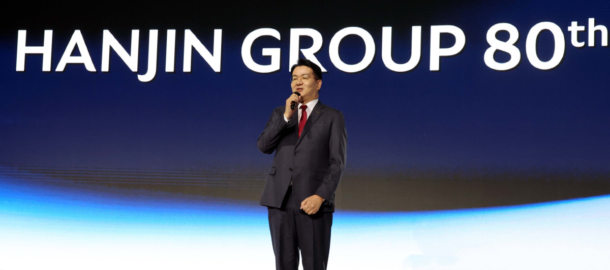 ▲조원태 한진그룹 회장이 23일 서울 용산구 그랜드하얏트호텔에서 열린 '한진그룹 80주년 기념행사'에서 발언하고 있다. 신태현 기자 holjjak@