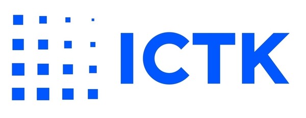 ▲27일, 보안 반도체 전문기업 아이씨티케이의 로고가 파란색 글씨와 격자 형태의 점들로 구성된 그래픽 요소와 함께 이미지에 나타나 있다.