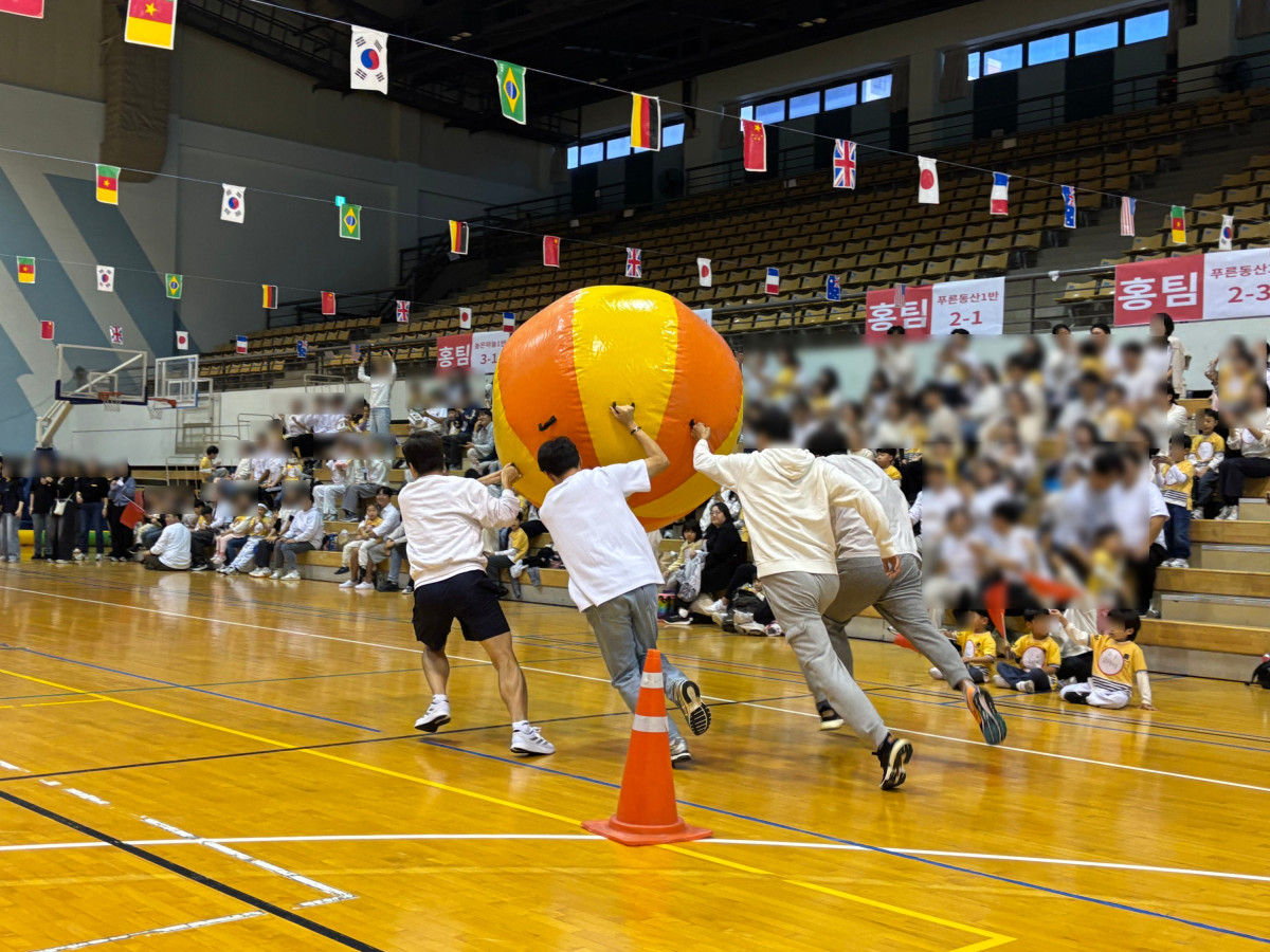 ▲수원 한누리유치원 유아와 학부모, 교직원이 24일 아주대학교 체육관에서 열린 가족운동회에서 팀을 나눠 커다란 공을 굴리며 경기에 참여하고 있다. (수원 한누리유치원)