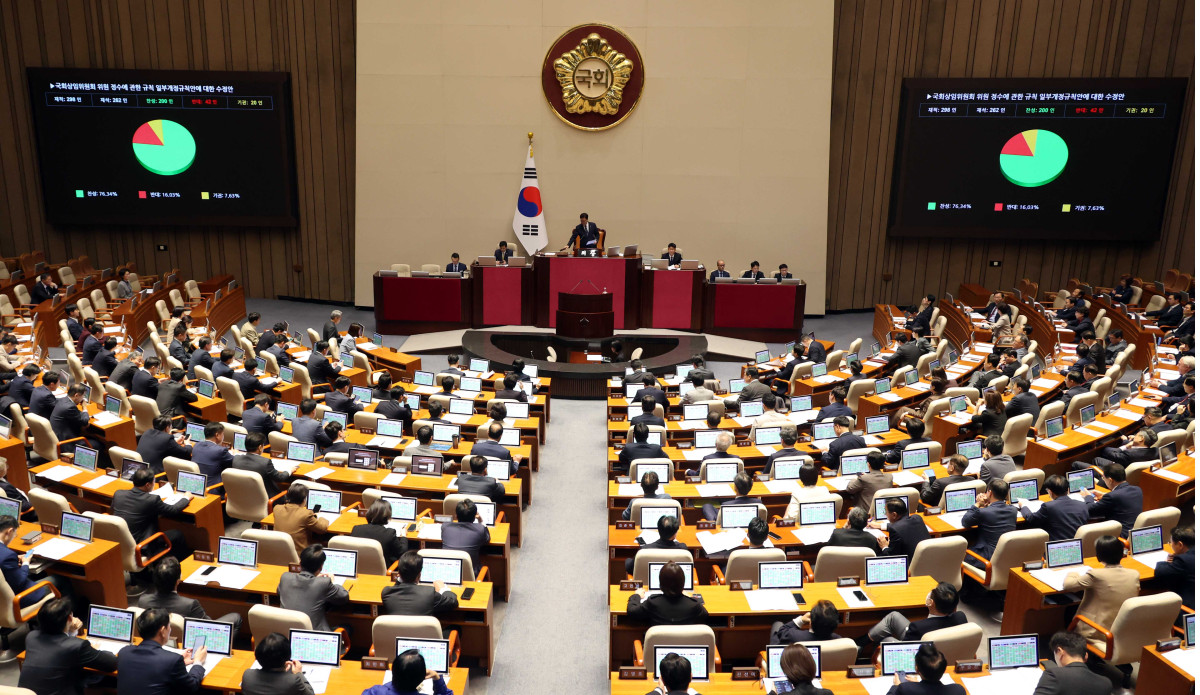 ▲26일 오후 서울 여의도 국회 본회의장에서 열린 제429회 국회(정기회) 제10차 본회의에서 국회상임위원회 위원 정수에 관한 규칙 일부개정규칙안에 대한 수정안이 가결되고 있다. (사진=뉴시스)