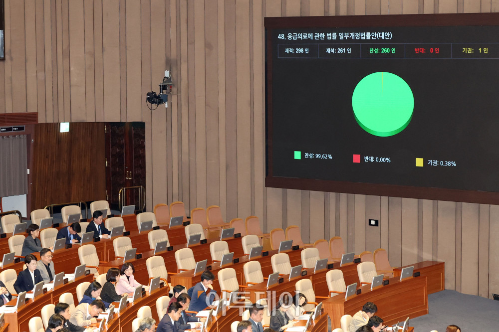 ▲26일 서울 여의도 국회에서 열린 본회의에서 응급의료에 관한 법률 일부개정법률안(대안)이 가결되고 있다. 고이란 기자 photoeran@