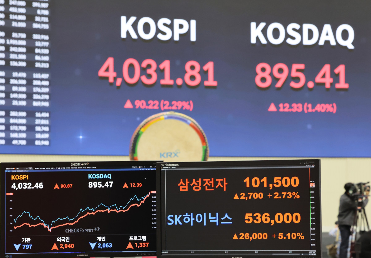 ▲코스피와 코스닥 지수가 모두 상승한 27일, 한 증권사 전광판에 주가지수와 주요 종목 시세가 표시되고 있다. (연합뉴스)