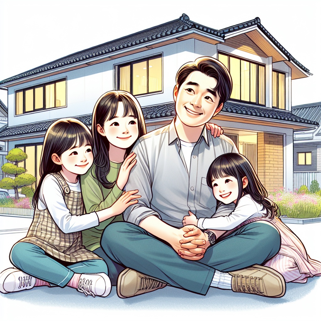 ▲어린 세 딸을 둔 한 아버지가 안도감과 희망에 찬 표정으로 새로운 임대 주택 앞에 서 있는 이미지. (김재학 기자·오픈AI 달리)