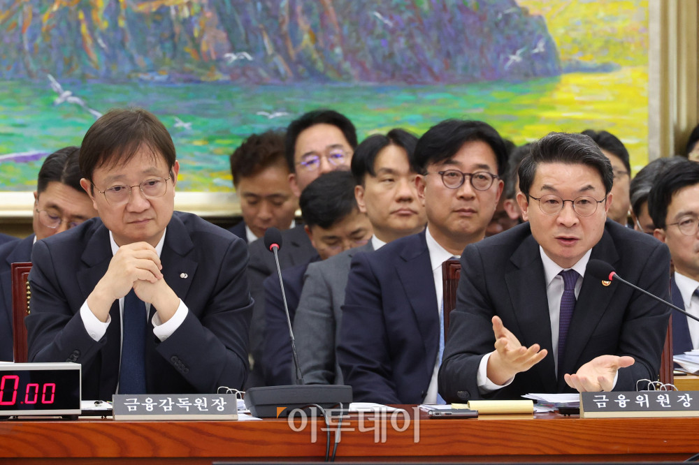 ▲이억원(오른쪽) 금융위원장과 이찬진 금융감독원장이 27일 서울 여의도 국회에서 정무위원회에서 열린 종합감사에서 의원 질의에 답하고 있다. 고이란 기자 photoeran@