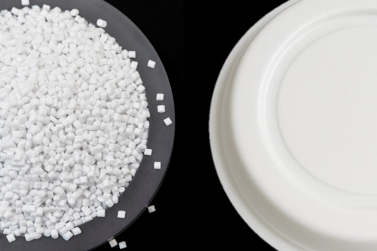 ▲롯데케미칼 접착성 소재(왼쪽) 및 식품 포장용기(오른쪽). (사진= 롯데케미칼)