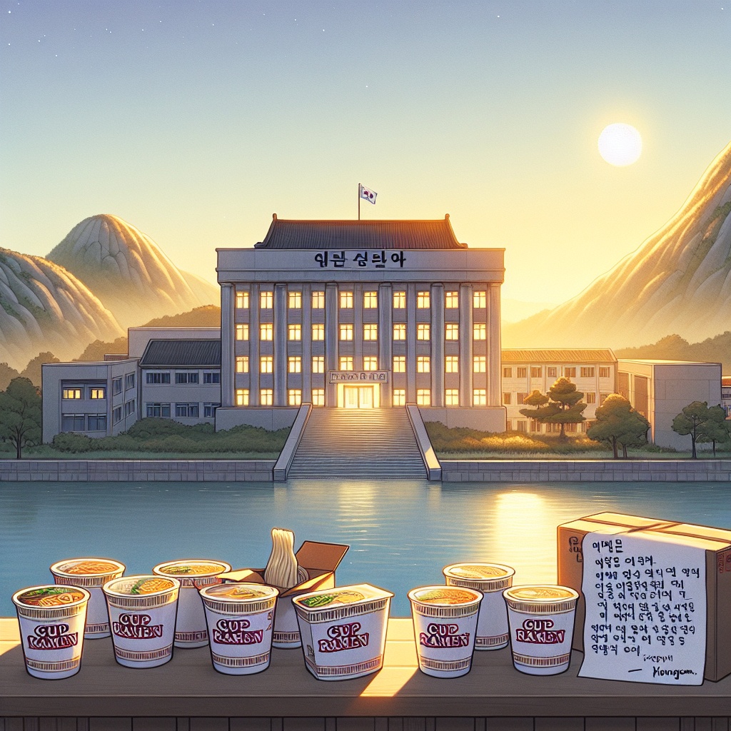 ▲새벽 수원시청 정문에 남겨진 라면 56박스를 기부된 이미지. (김재학 기자·오픈AI 달리)