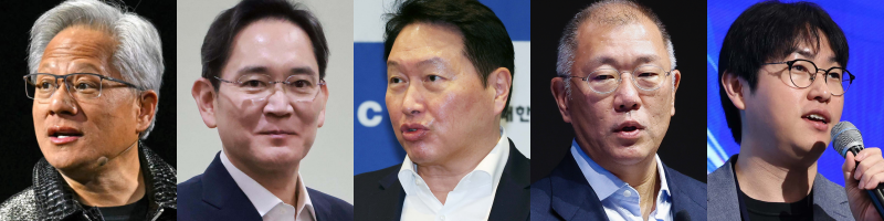 ▲왼쪽부터 젠슨 황 엔비디아 최고경영자(CEO), 이재용 삼성전자 회장, 최태원 SK그룹 회장(대한상공회의소 회장), 정의선 현대차그룹 회장, 하정우 대통령실 AI미래기획수석 (이투데이DB)