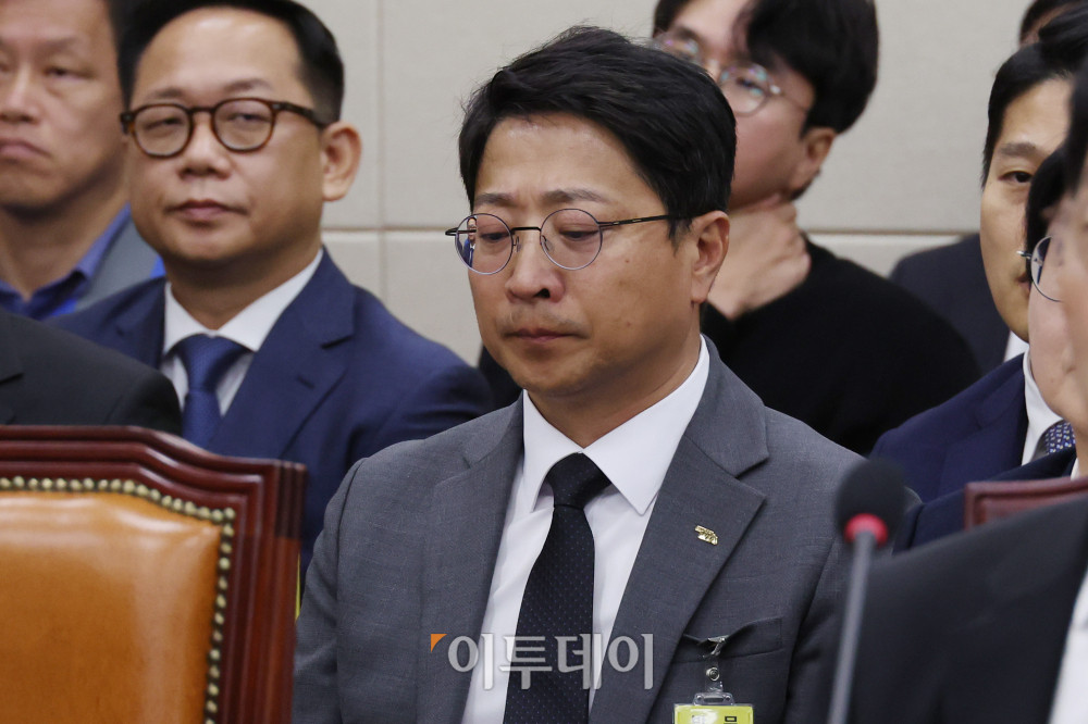 ▲권오성 현대위아 대표가 28일 서울 여의도 국회 정무위원회에서 열린 종합감사에서 증인으로 참석하고 있다. 고이란 기자 photoeran@