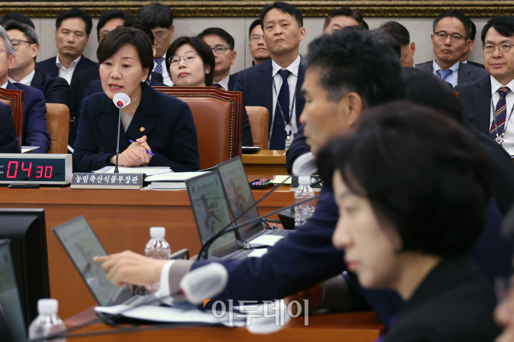 ▲송미령 농림축산식품부 장관이 28일 서울 여의도 국회 농림축산식품해양수산위원회에서 열린 종합감사에서 의원 질의에 답하고 있다. 고이란 기자 photoeran@