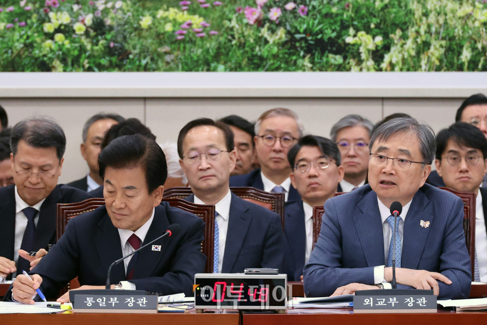 ▲조현 외교부 장관이 28일 서울 여의도 국회 외교통일위원회에서 열린 종합감사에서 의원 질의에 답하고 있다. 왼쪽은 정동영 통일부 장관. 고이란 기자 photoeran@