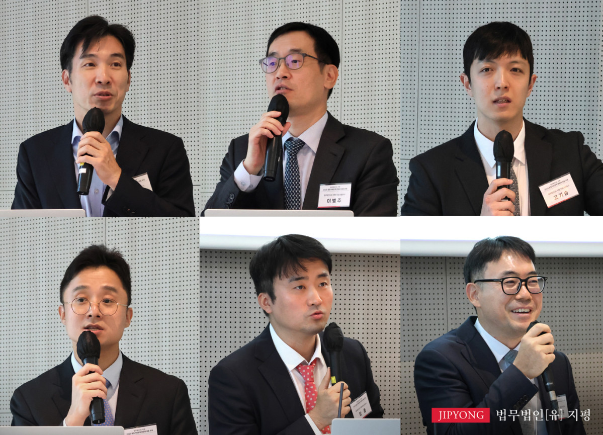 ▲ 왼쪽 윗줄부터 시계 방향으로 ‘2025 공정거래 정책 변화와 대응 과제’ 세미나에 참석한 법무법인(유한) 지평의 김지홍 대표 변호사와 이병주(공정거래그룹장)‧고기승‧김상윤‧장품‧이종헌 변호사. (사진 제공 = 법무법인(유한) 지평)