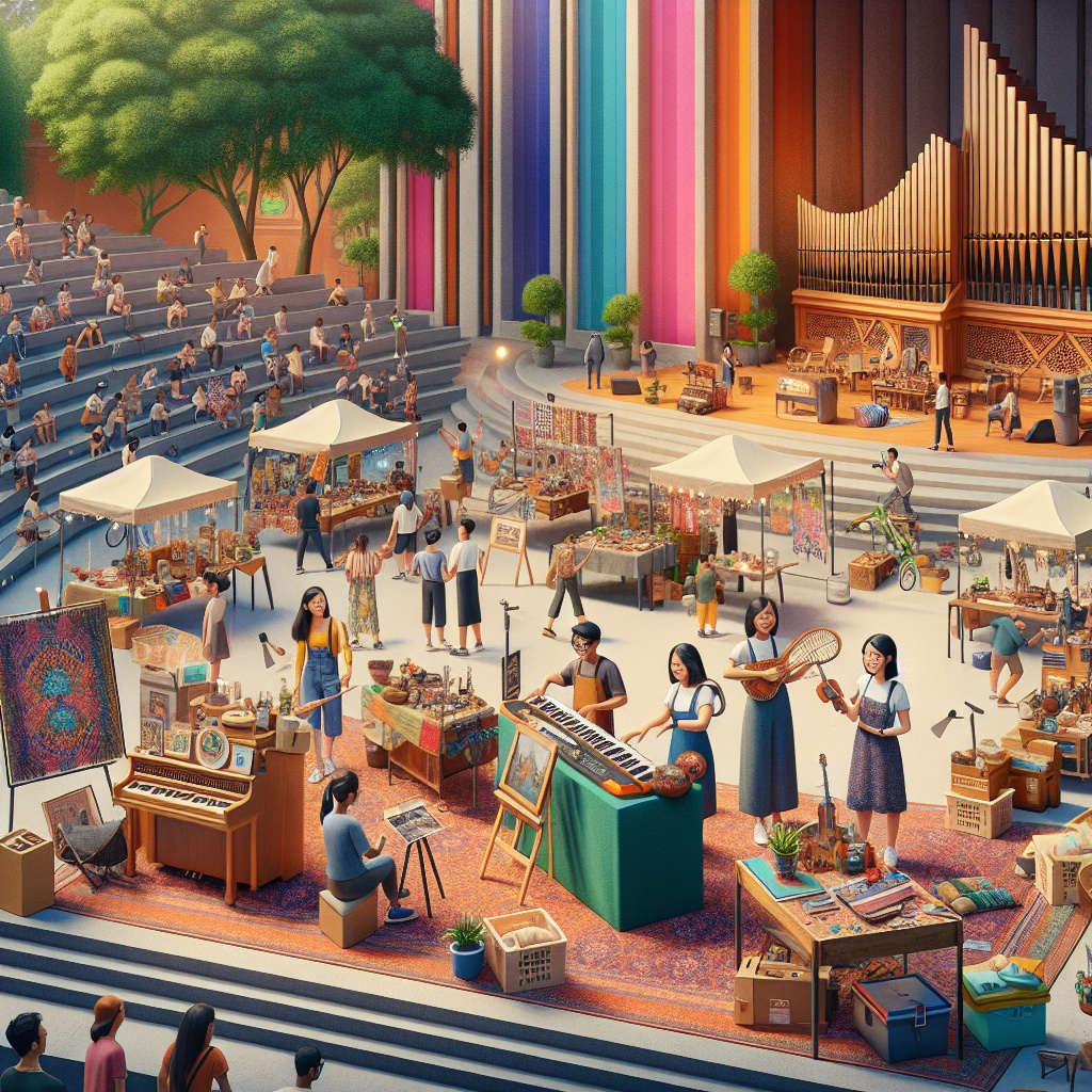 ▲예술과 지속 가능성을 보여주는 문화 센터의 공개 무대에 세워진 활기차고 분주한 벼룩시장 이미지. (김재학 기자·오픈AI 달리)