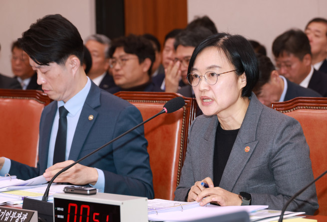 ▲한성숙 중소벤처기업부 장관이 29일 서울 여의도 국회에서 열린 산업통상자원중소벤처기업위원회의 중소벤처기업부 등 국정감사에서 의원 질의에 답하고 있다. 2025.10.29. (뉴시스)