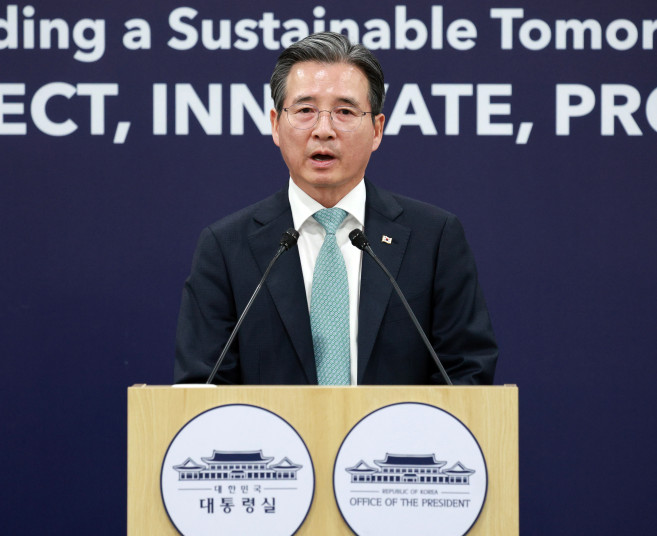 ▲김용범 정책실장이 29일 경북 경주 APEC 미디어센터에서 한미 정상회담 관련 브리핑을 하고 있다.2025.10.29 (연합뉴스)