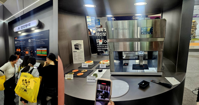 ▲29일 오전 서울 삼성동 코엑스에서 열린 ‘푸드위크 코리아(FOOD WEEK KOREA) 2025’  ‘푸드테크가 만드는 내일의 식탁’ 부스에서 1인 AI 영양분석 기술(왼)과 3D푸드 프린터 기술이 전시돼있다. (사진=정영인 기자 oin@)