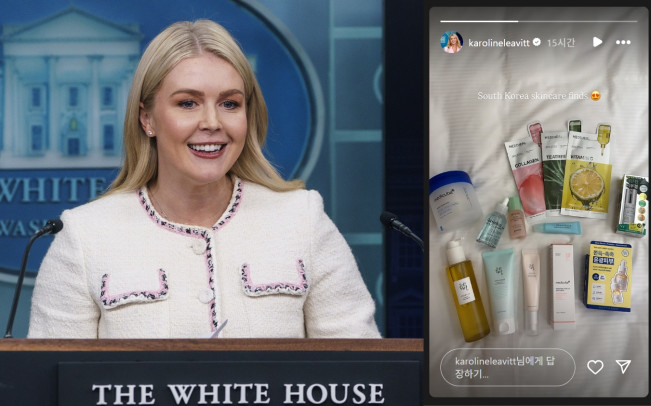 ▲캐롤라인 레빗 백악관 대변인 10월 23일(현지시간) 미국 워싱턴D.C. 백악관에서 언론 브리핑을 하고 있다. 워싱턴D.C./EPA연합뉴스. 오른쪽에는 레빗 대변인이 경북 경주에서 K뷰티 제품을 구매한 뒤 올린 사회관계망서비스(SNS) 인스타그램 게시물. 출처 캐롤라인 레빗 대변인 SNS