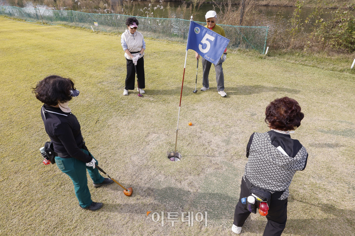 ▲30일 서울 강남구 강남탄천파크골프장에서 열린 제5회 강남구청장배 파크골프대회에서 선수들이 경기를 펼치고 있다. 이날 열린 강남구청장배 파크골프대회는 이투데이피엔씨와 강남구파크골프협회가 공동주관한 대회로 이투데이피엔씨가 시상금·시상품 공동 부담과 더불어 대회 운영용품 등 예산 및 물품을 협찬하고, 우승 트로피 제작을 지원했다. 조현호 기자 hyunho@