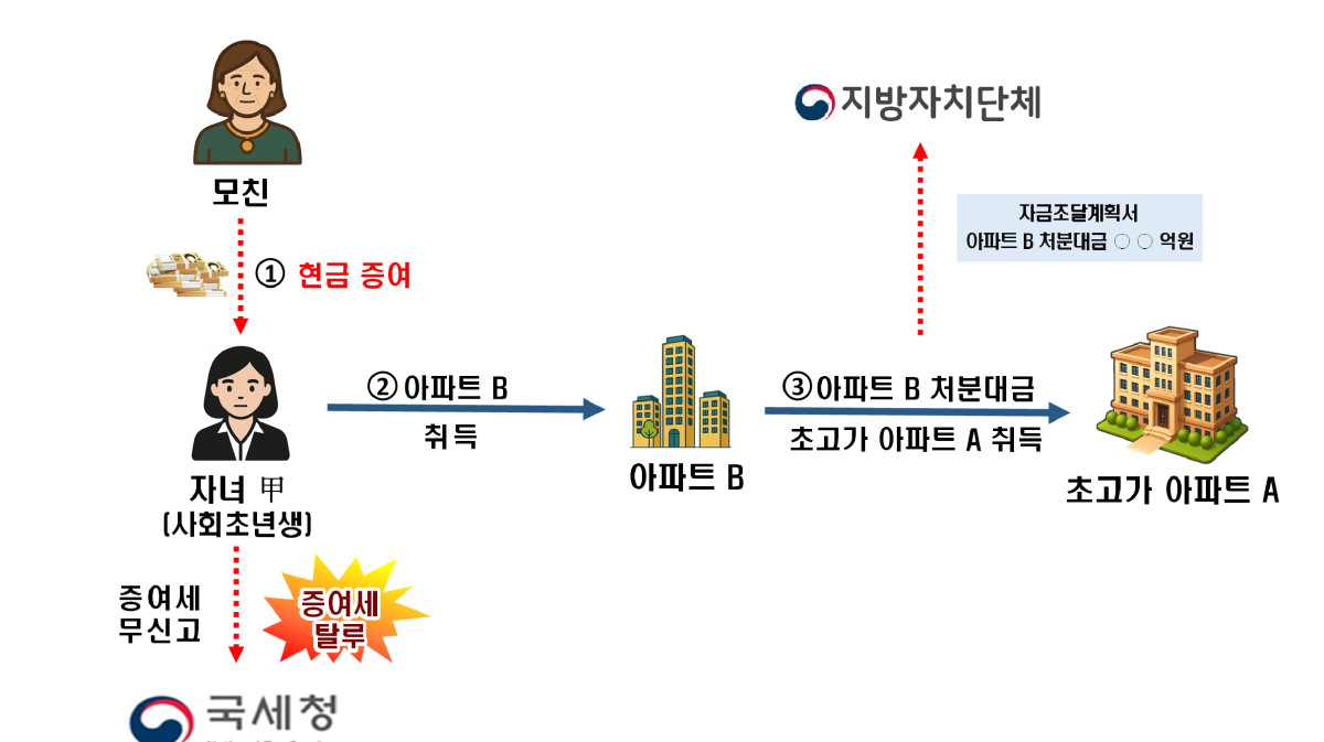 ▲현금을 증여 받아 취득한 아파트를 종잣돈으로 초고가 아파트를 취득한 사례 (그래픽제공=국세청)