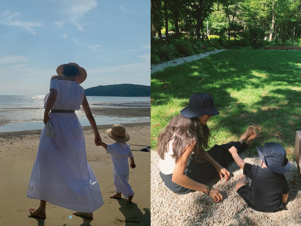 ▲모델 문가비가 바닷가와 공원에서 아들과 함께 시간을 보내고 있다. (출처 = 문가비 SNS 캡처)