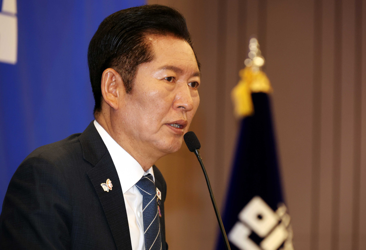 ▲정청래 더불어민주당 대표가 29일 오후 서울 여의도 국회에서 열린 참좋은지방정부위원회 발대식에서 축사를 하고 있다. (사진=뉴시스)