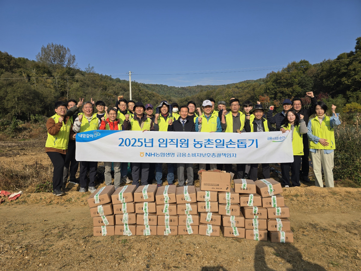 ▲NH농협생명 임직원이 경기 용인 농가에서 수확철 일손돕기를 진행하고 기념사진을 촬영하고 있다. (사진제공=NH농협생명)