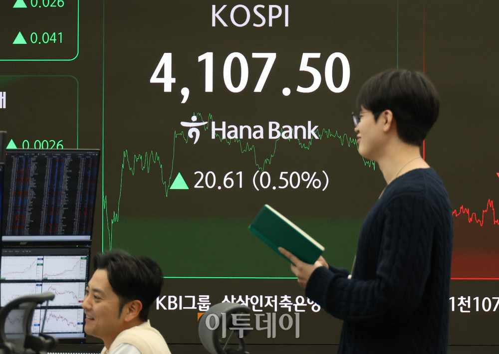 ▲코스피 종가가 사상 처음으로 4100선을 돌파했다. 31일 서울 중구 하나은행 딜링룸 전광판에 코스피 지수가 전 거래일보다 20.61포인트(0.50%) 오른 4107.50을 나타내고 있다. 코스닥 지수는 전 거래일보다 9.56포인트(1.07%) 상승한 900.42에 거래를 마감했다. 원·달러 환율은 주간 거래 종가(15시30분) 기준 전일 대비 2.1원 내린 1424.4원을 기록했다. 고이란 기자 photoeran@