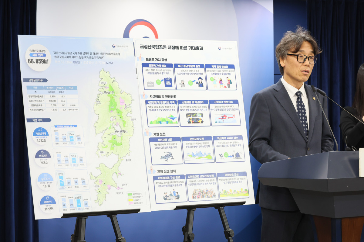 ▲ 금한승 기후에너지환경부 1차관이 31일 서울 종로구 정부서울청사에서 금정산 국립공원 지정 심의 관련 브리핑을 하고 있다. (연합뉴스)