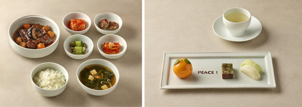 ▲대통령실이 공개한 한미 정상회담 오찬 메뉴. 왼쪽부터 경주 햅쌀과 미국산 갈비로 한 찜 요리, 'PEACE!'를 레터링한 감귤 디저트.  (사진제공=대통령실)