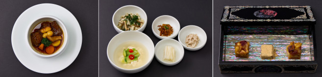 ▲대통령실은 31일 경주 APEC 정상회의 공식 환영 만찬을 공개했다. 이번 만찬은 한국계 미국인 셰프 에드워드 리가 개발에 직접 참여했다. 왼쪽부터 갈비찜, 나물비빔밥, 파이ㆍ캐러멜 디저트.  (대통령실)