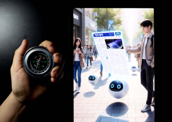 ▲레거시 미디어를 넘어 넥스트 미디어로, 이투데이가 독자 여러분이 ‘미래 선도자’가 되기 위한 나침반 역할을 하겠습니다.  AI비서와 휴머노이드가 일상화된 2040년, 서울의 한 거리를 걷던 시민이 잠시 홀로그램으로 만들어진 이투데이 신문을 읽고 있는 모습을 구글 제미나이(Gemini)를 이용해 형상화 함. 신태현 기자 holjjak@