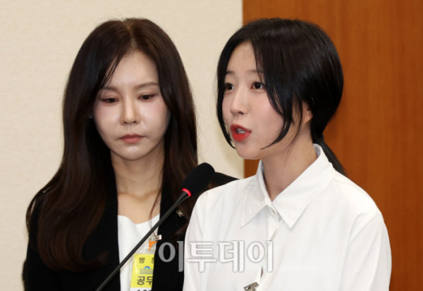 ▲유튜버 쯔양으로 활동 중인 박정원 씨가 14일 서울 여의도 국회에서 열린 과학기술정보방송통신위원회 국정감사에서 의원 질의에 답변하고 있다. 왼쪽은 법률대리인 김태연 변호사. 고이란 기자 photoeran@