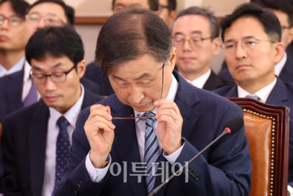 ▲최재해 감사원장이 16일 서울 여의도 국회에서 열린 법제사법위원회 국정감사에서 안경을 고쳐쓰고 있다. 고이란 기자 photoeran@