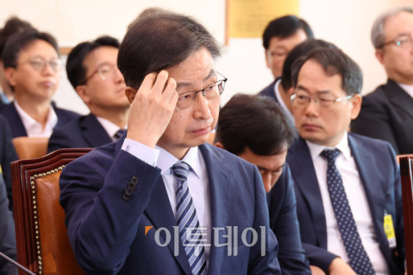 ▲최재해 감사원장이 16일 서울 여의도 국회에서 열린 법제사법위원회 국정감사에서 머리를 만지고 있다. 고이란 기자 photoeran@