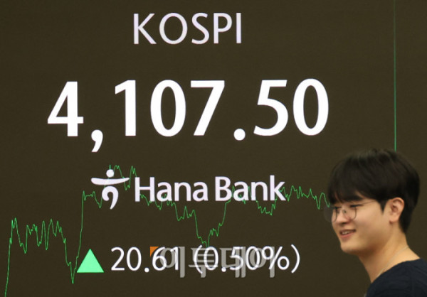 ▲코스피 종가가 사상 처음으로 4100선을 돌파했다. 31일 서울 중구 하나은행 딜링룸 전광판에 코스피 지수가 전 거래일보다 20.61포인트(0.50%) 오른 4107.50을 나타내고 있다. 코스닥 지수는 전 거래일보다 9.56포인트(1.07%) 상승한 900.42에 거래를 마감했다. 원·달러 환율은 주간 거래 종가(15시30분) 기준 전일 대비 2.1원 내린 1424.4원을 기록했다. 고이란 기자 photoeran@